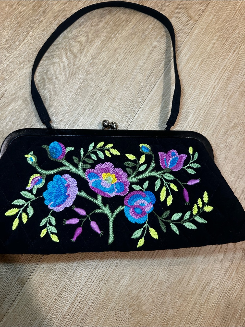 Vera Bradley Black Clutch with Blue, Purple & Green Floral Embroidery